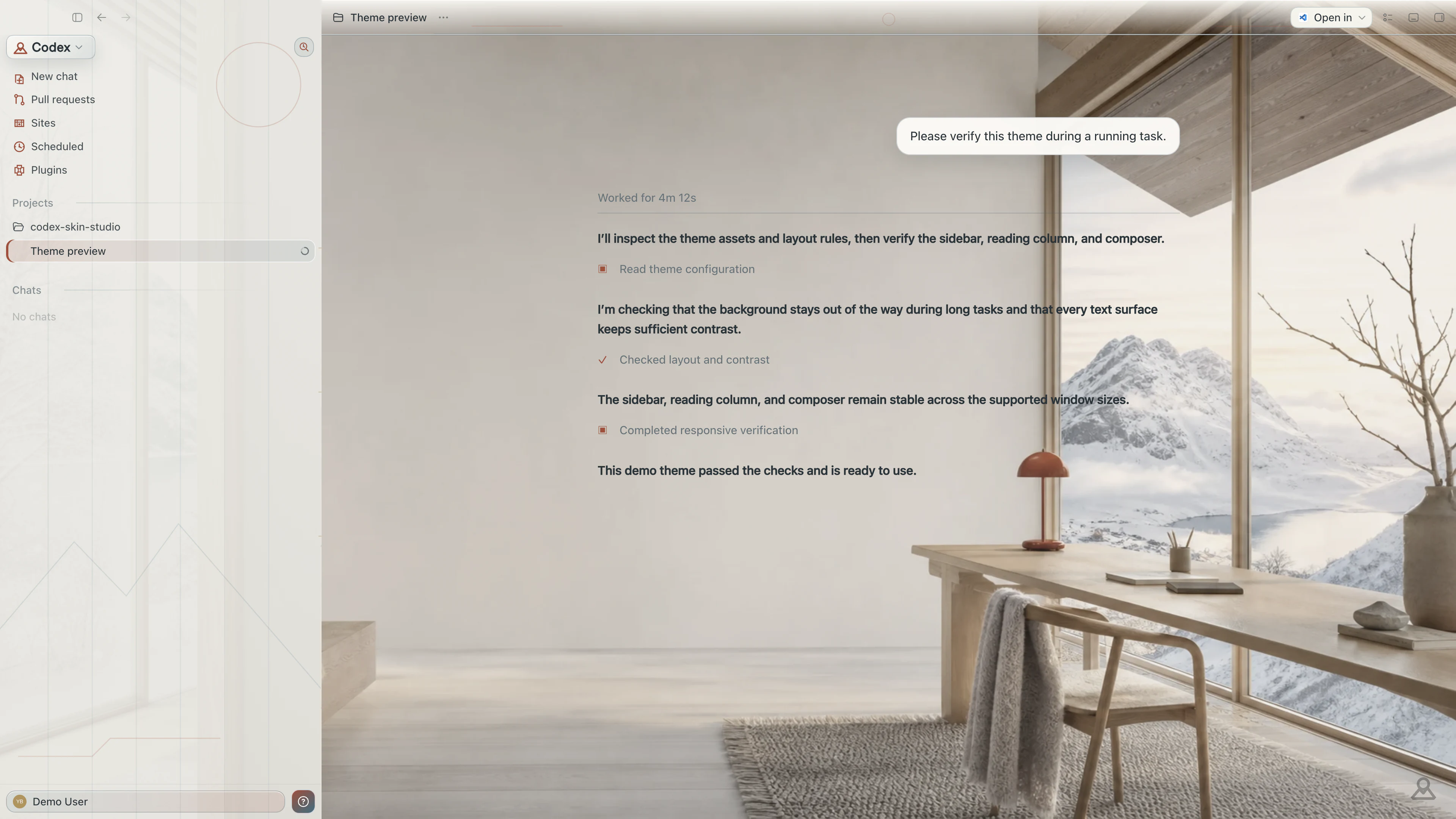 Nordic Dawn theme in the real Codex Running Task interface with privacy-safe English demo content