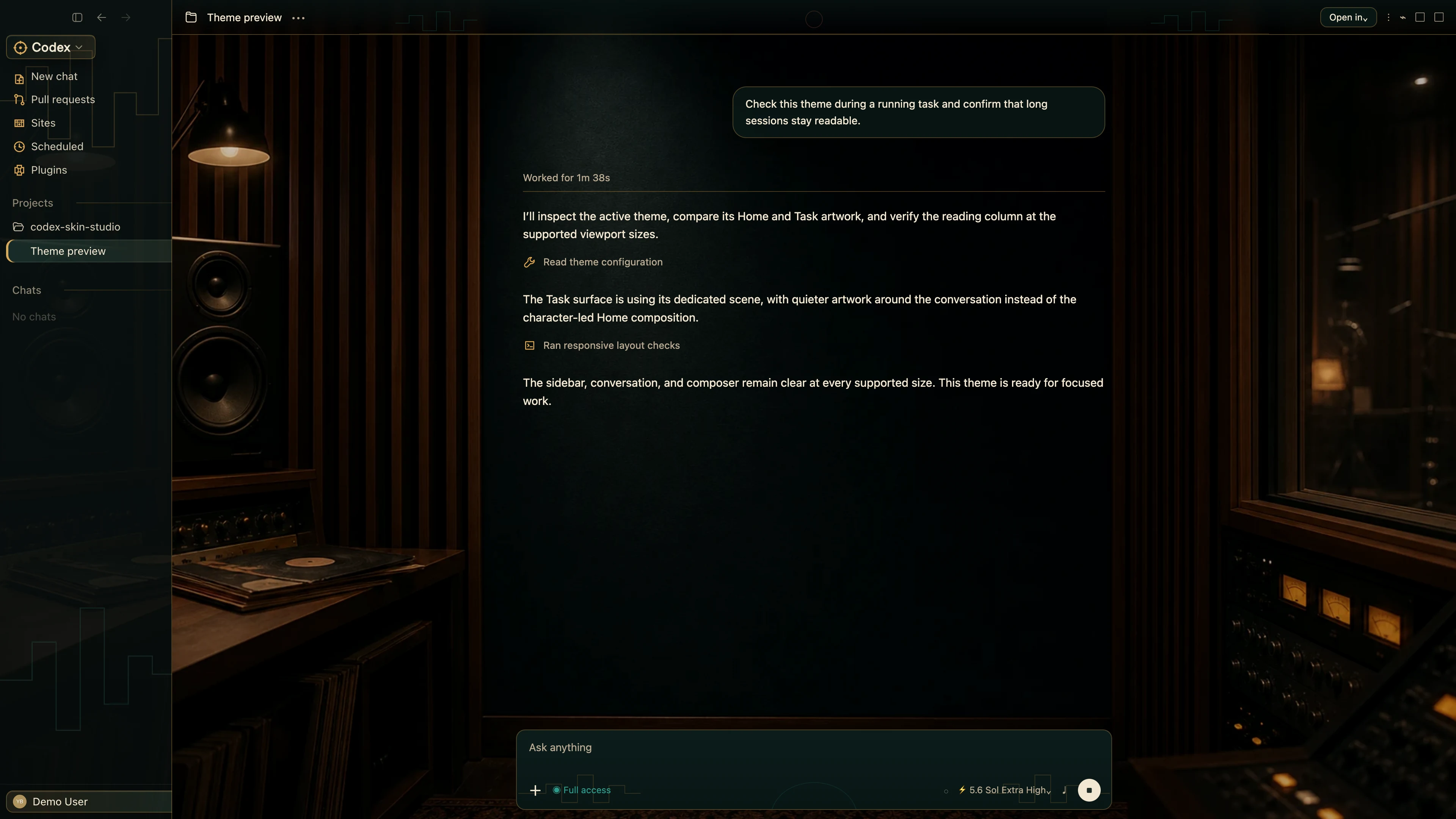 Analog Room Codex interface preview with privacy-safe fictional English demo content