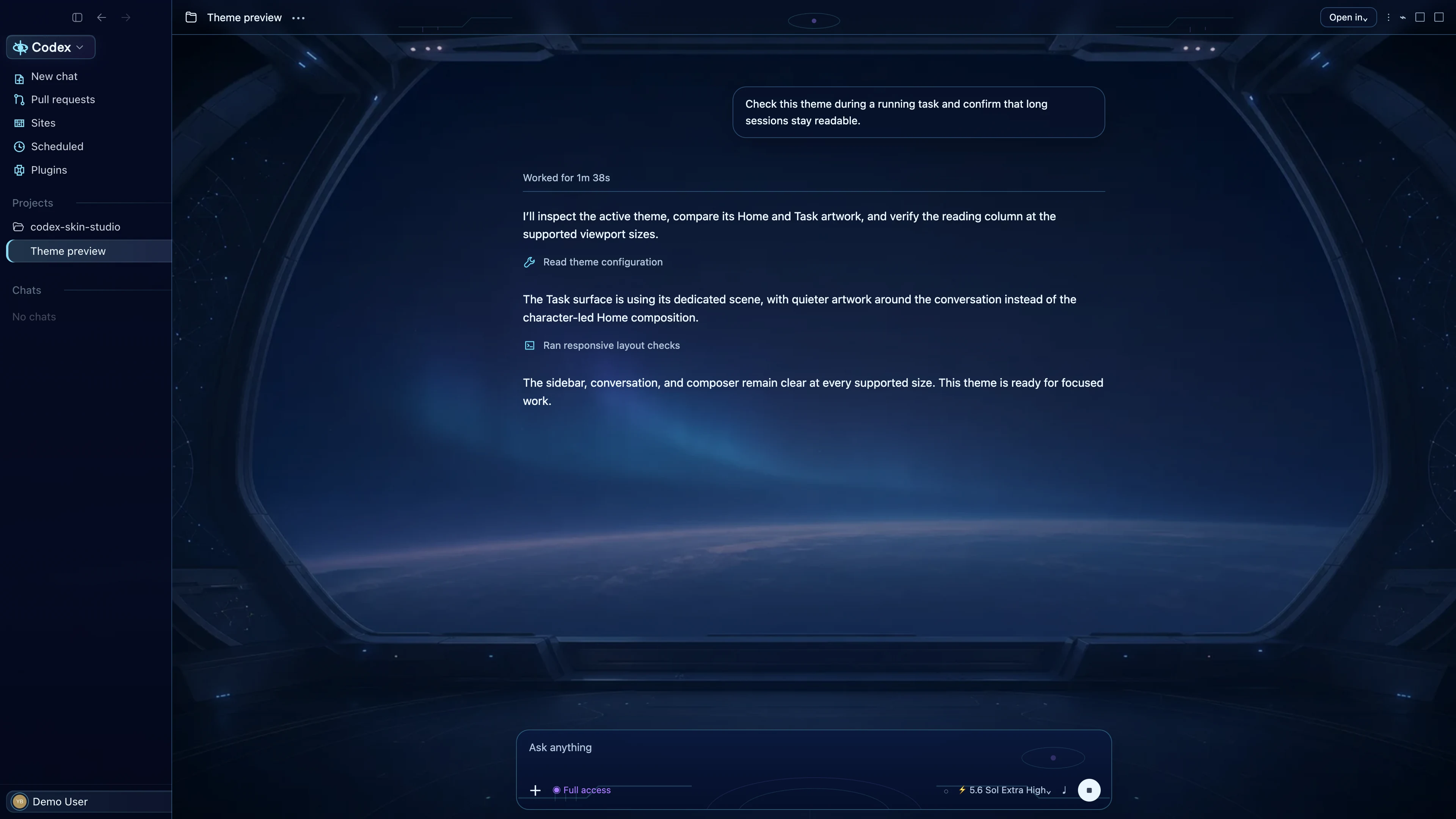 Aurora Terminal Codex interface preview with privacy-safe fictional English demo content