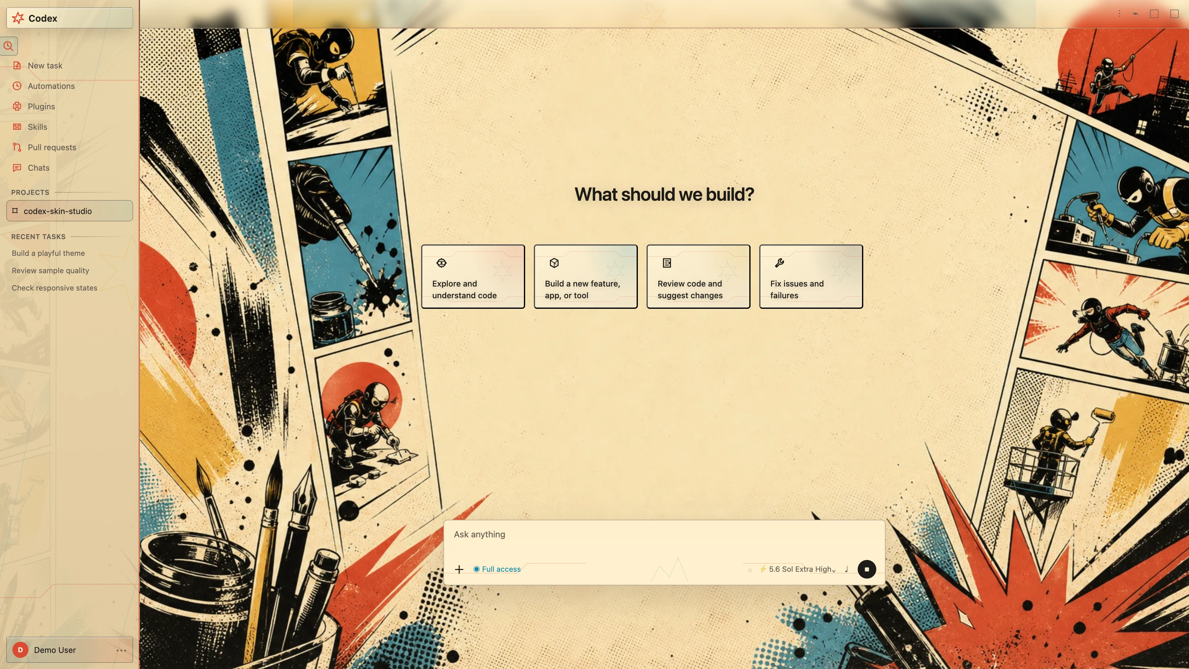 Comic Shift theme shown in the Codex New Task interface