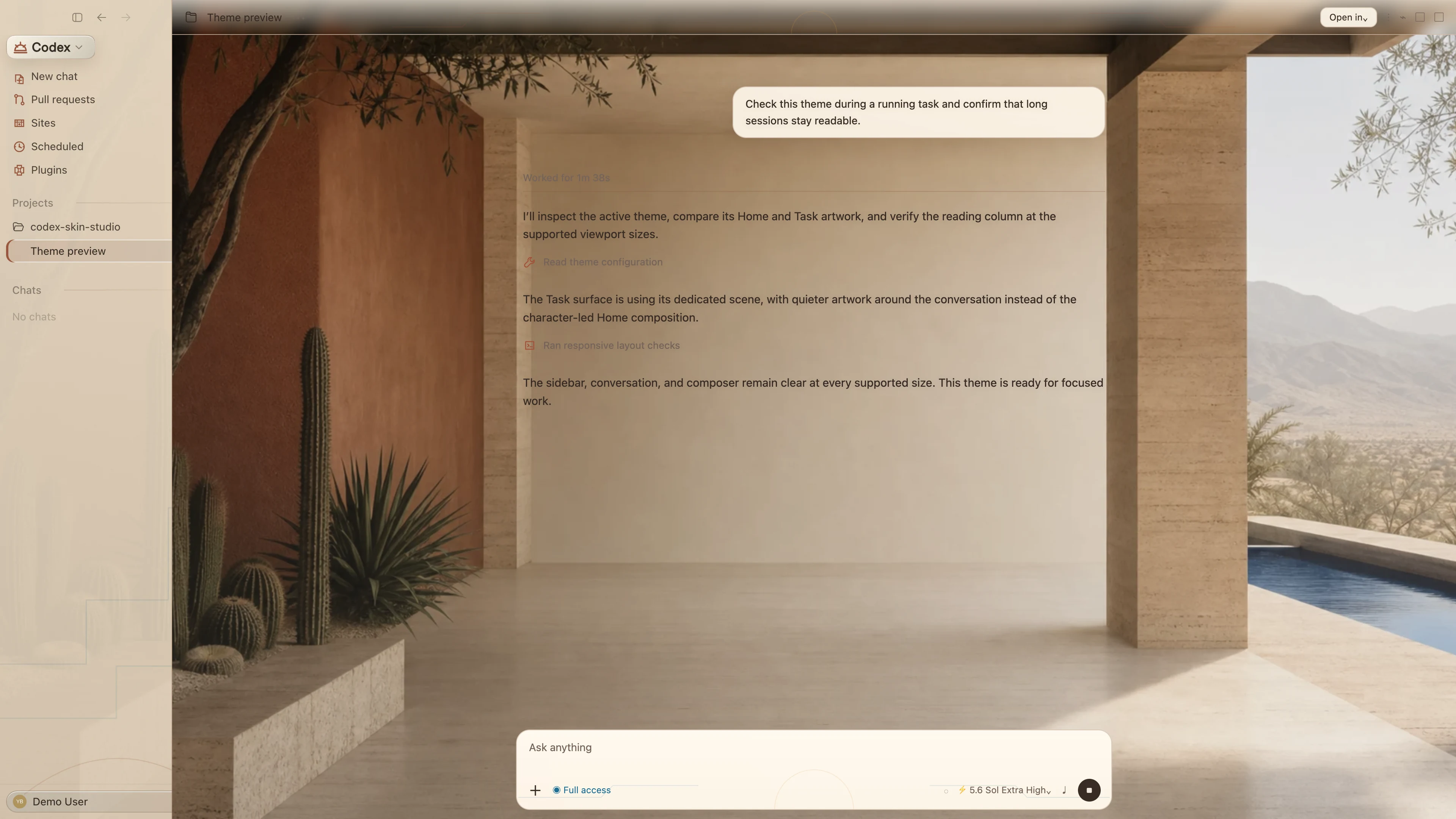 Desert Modern Codex interface preview with privacy-safe fictional English demo content