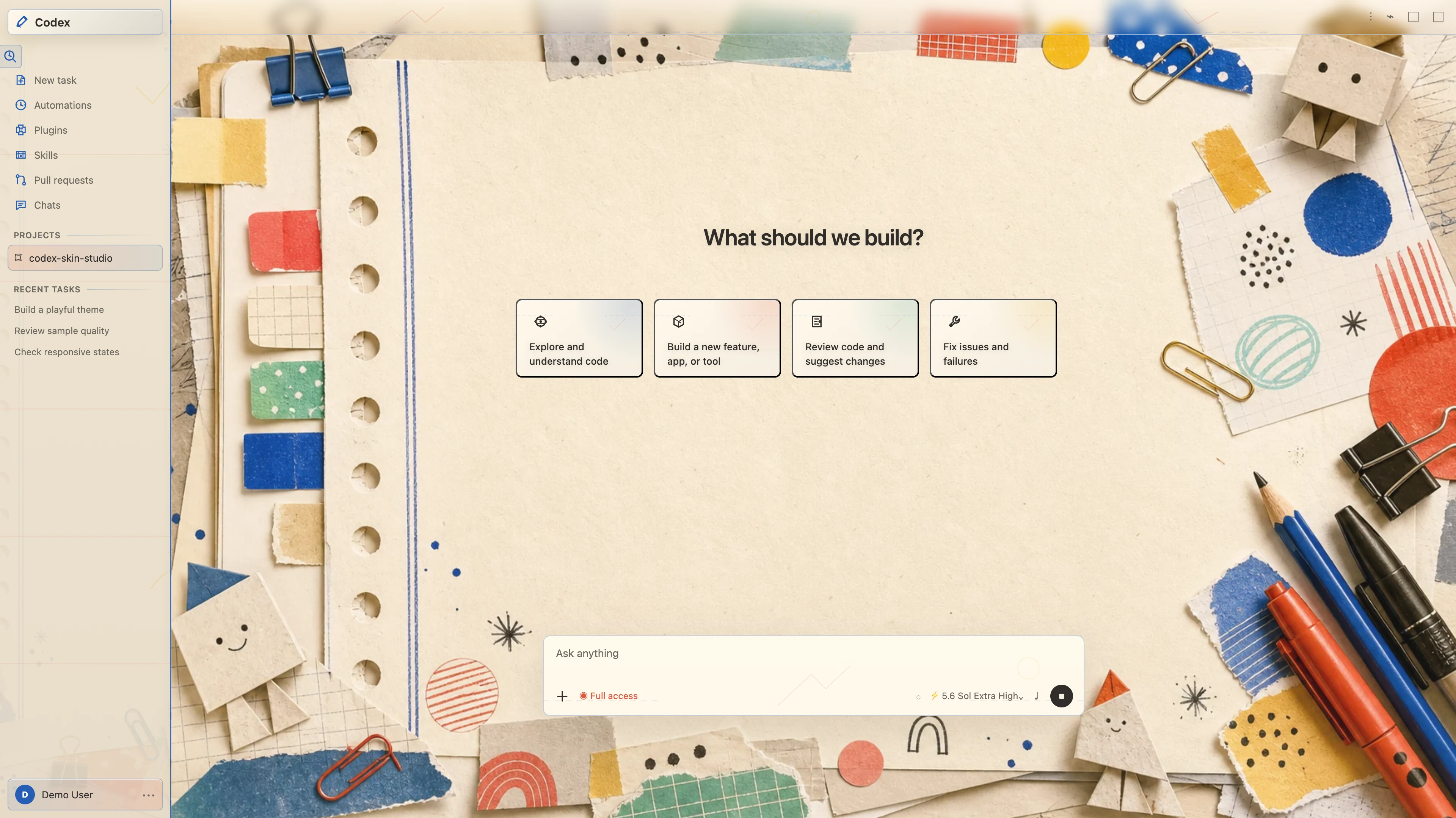 Doodle Desk theme shown in the Codex New Task interface