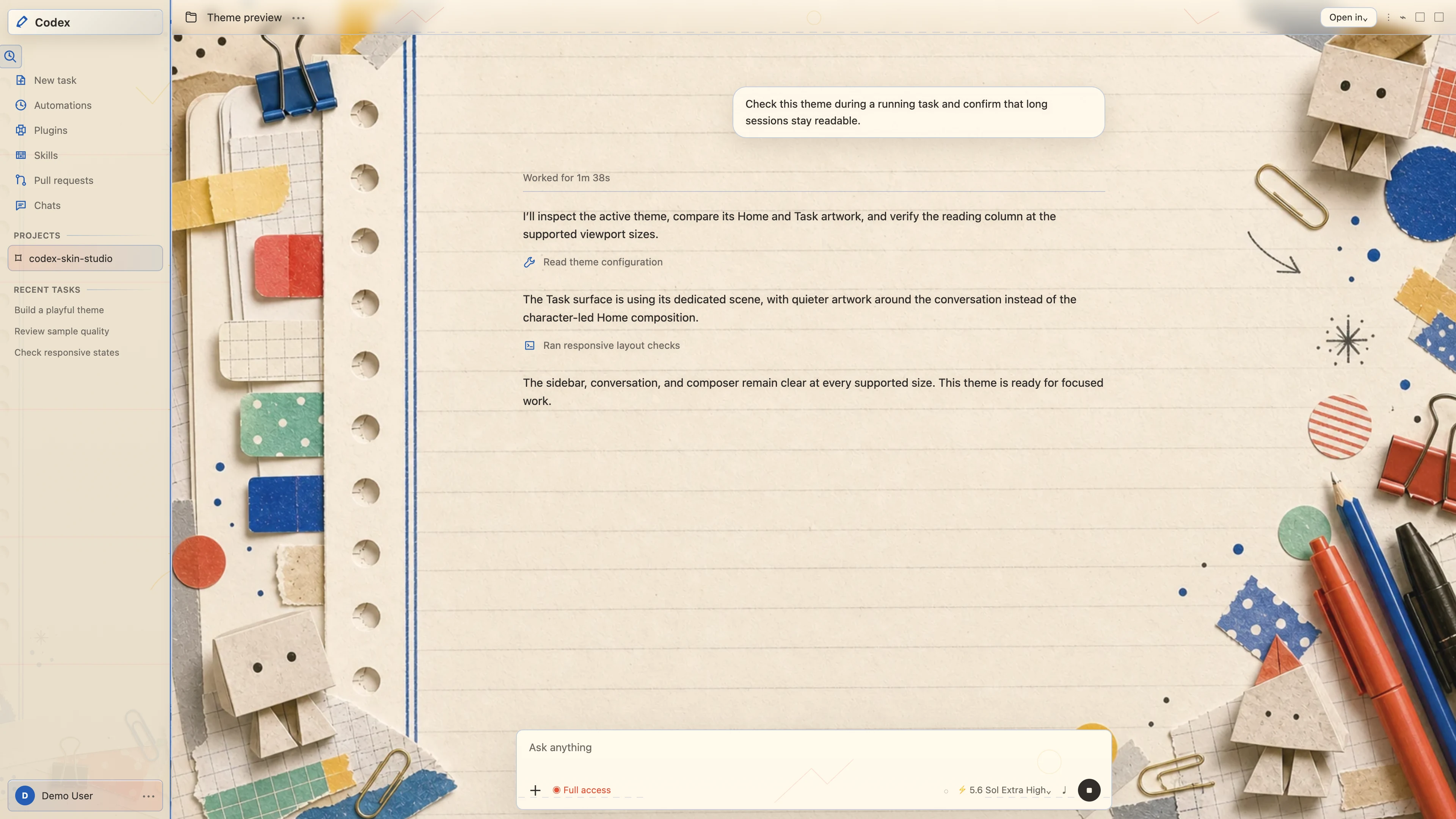 Doodle Desk Codex interface preview with privacy-safe fictional English demo content