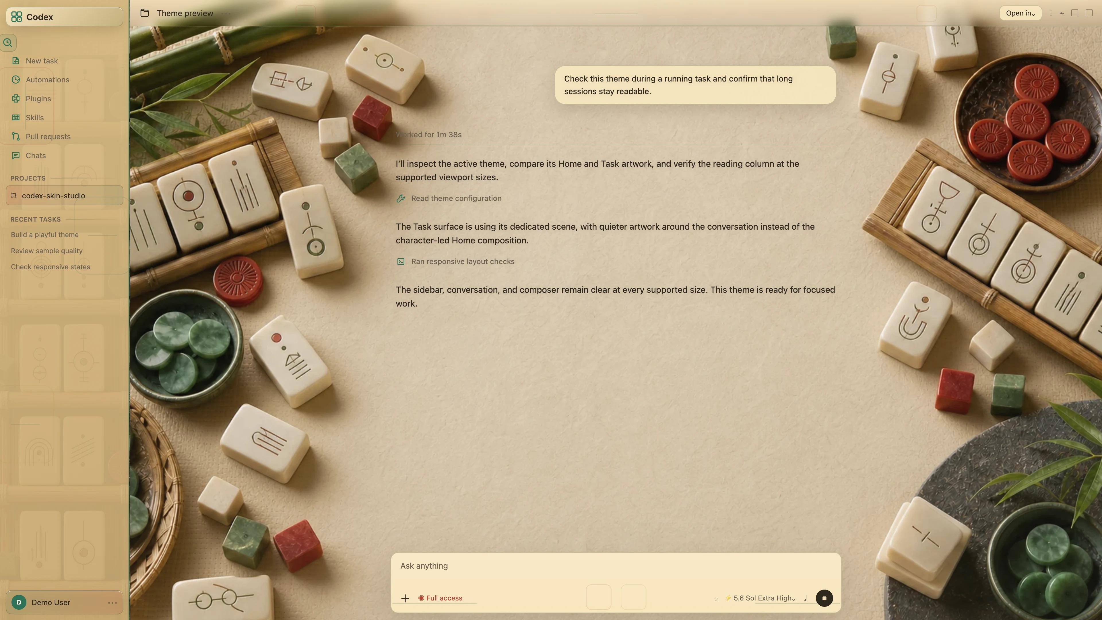 Lucky Tiles Codex interface preview with privacy-safe fictional English demo content