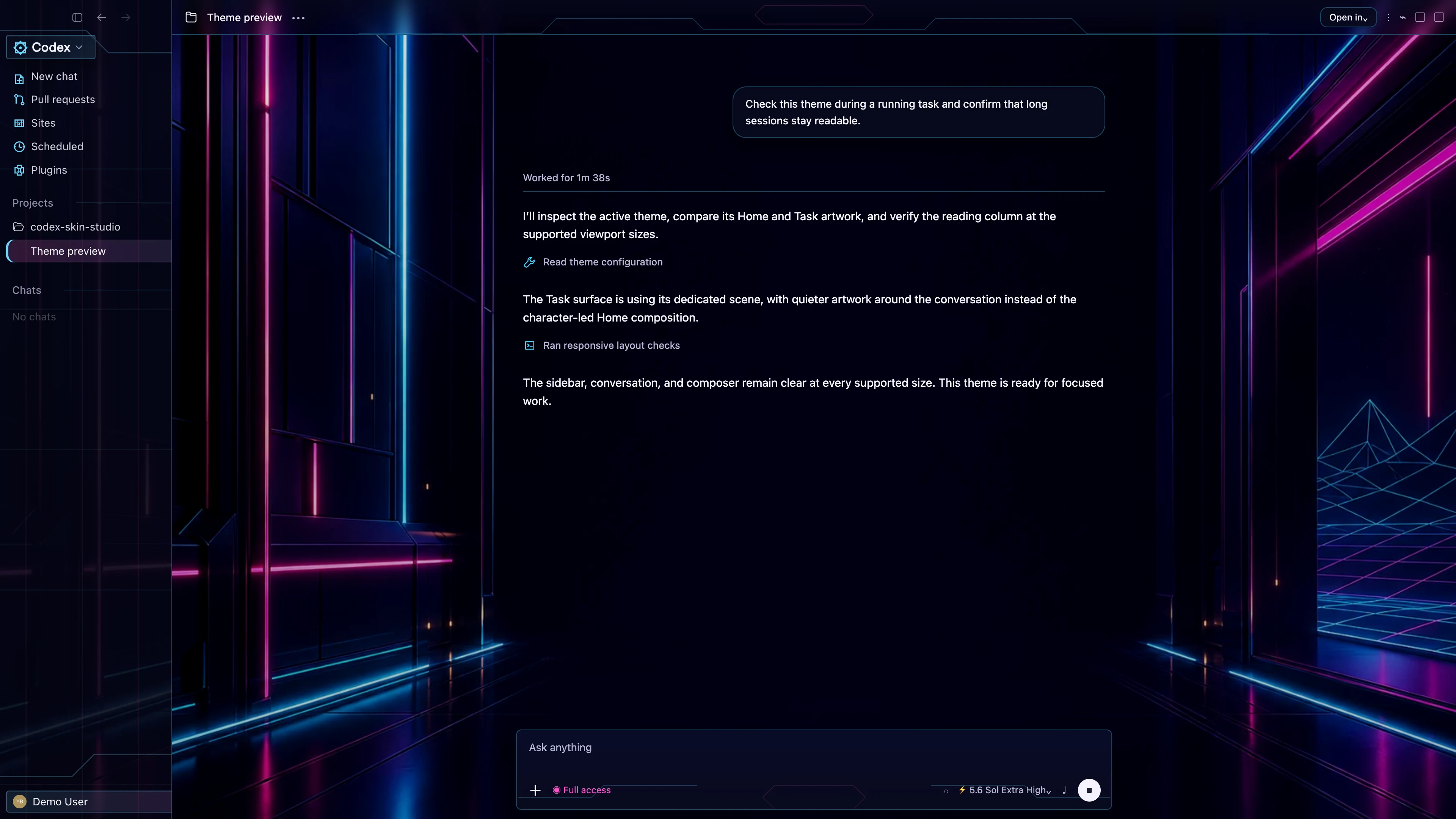 Neon Arcade Codex interface preview with privacy-safe fictional English demo content
