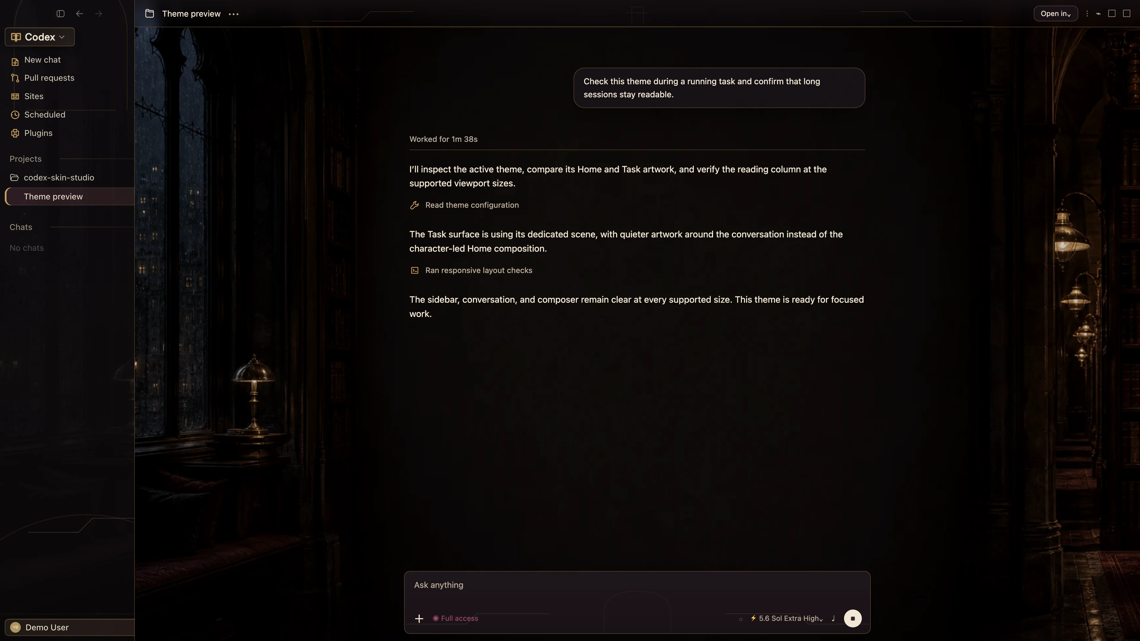 Nocturne Archive Codex interface preview with privacy-safe fictional English demo content
