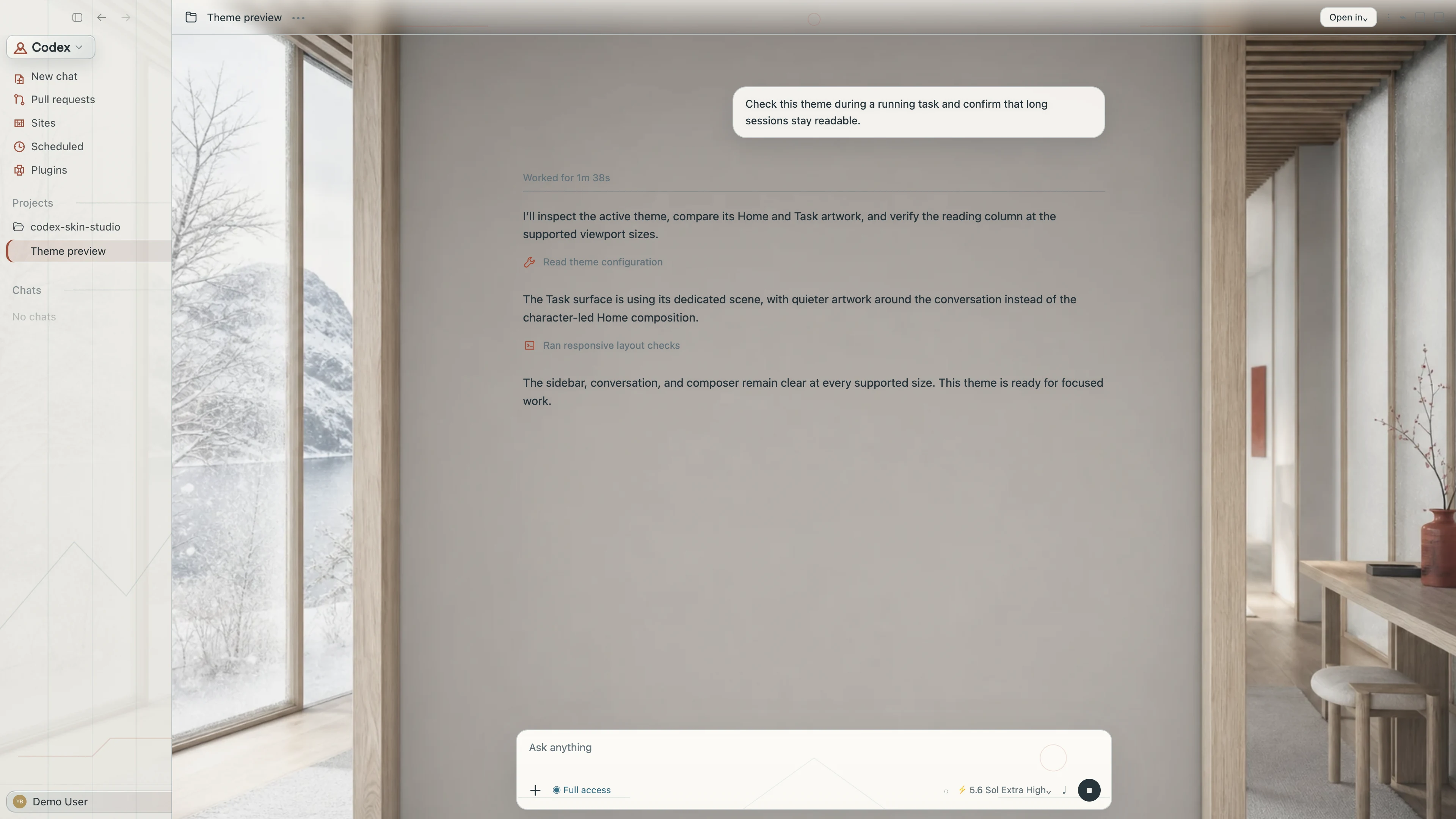 Nordic Dawn Codex interface preview with privacy-safe fictional English demo content