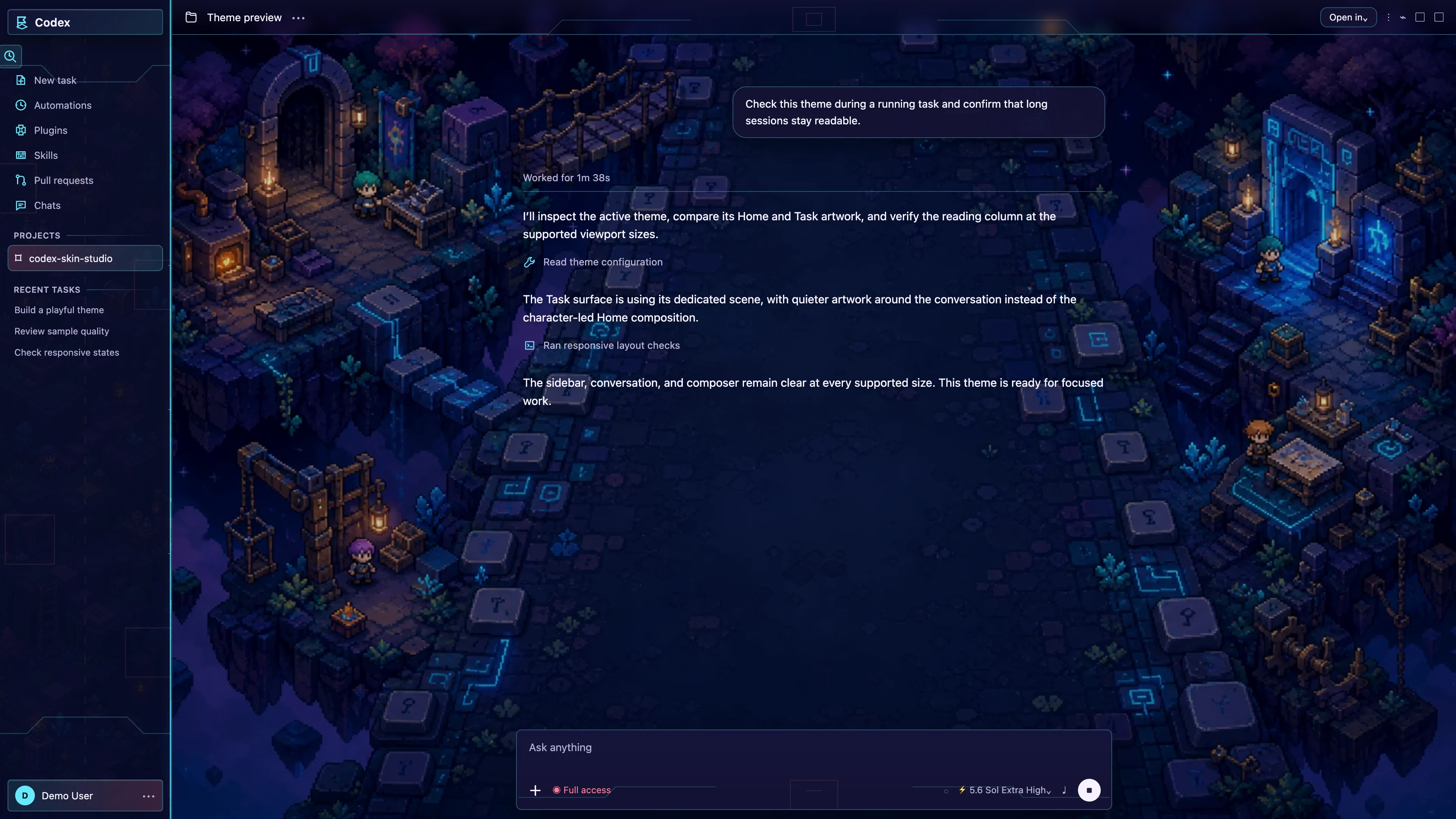 Pocket Quest Codex interface preview with privacy-safe fictional English demo content
