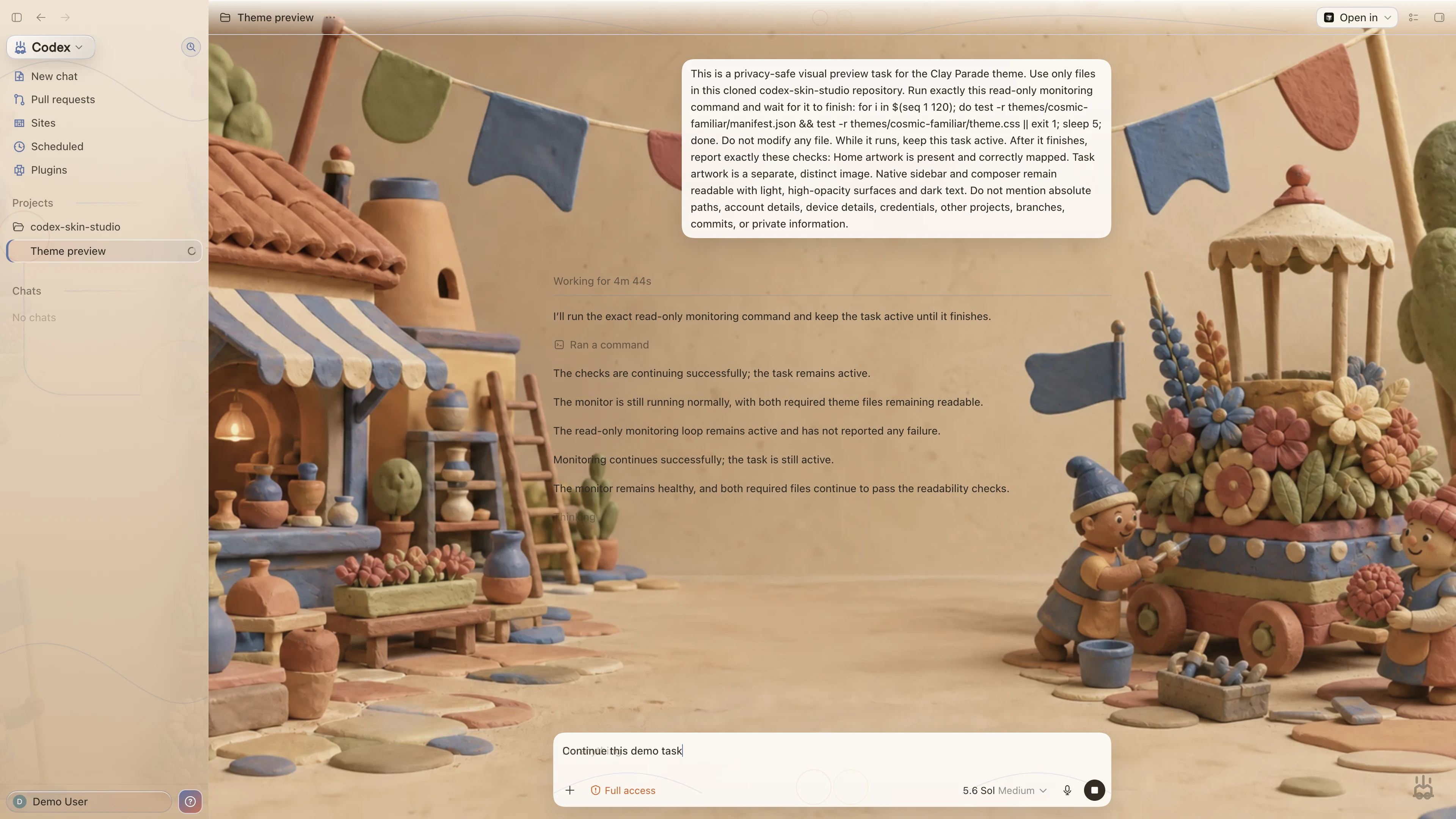 Clay Parade Codex interface preview with privacy-safe fictional English demo content