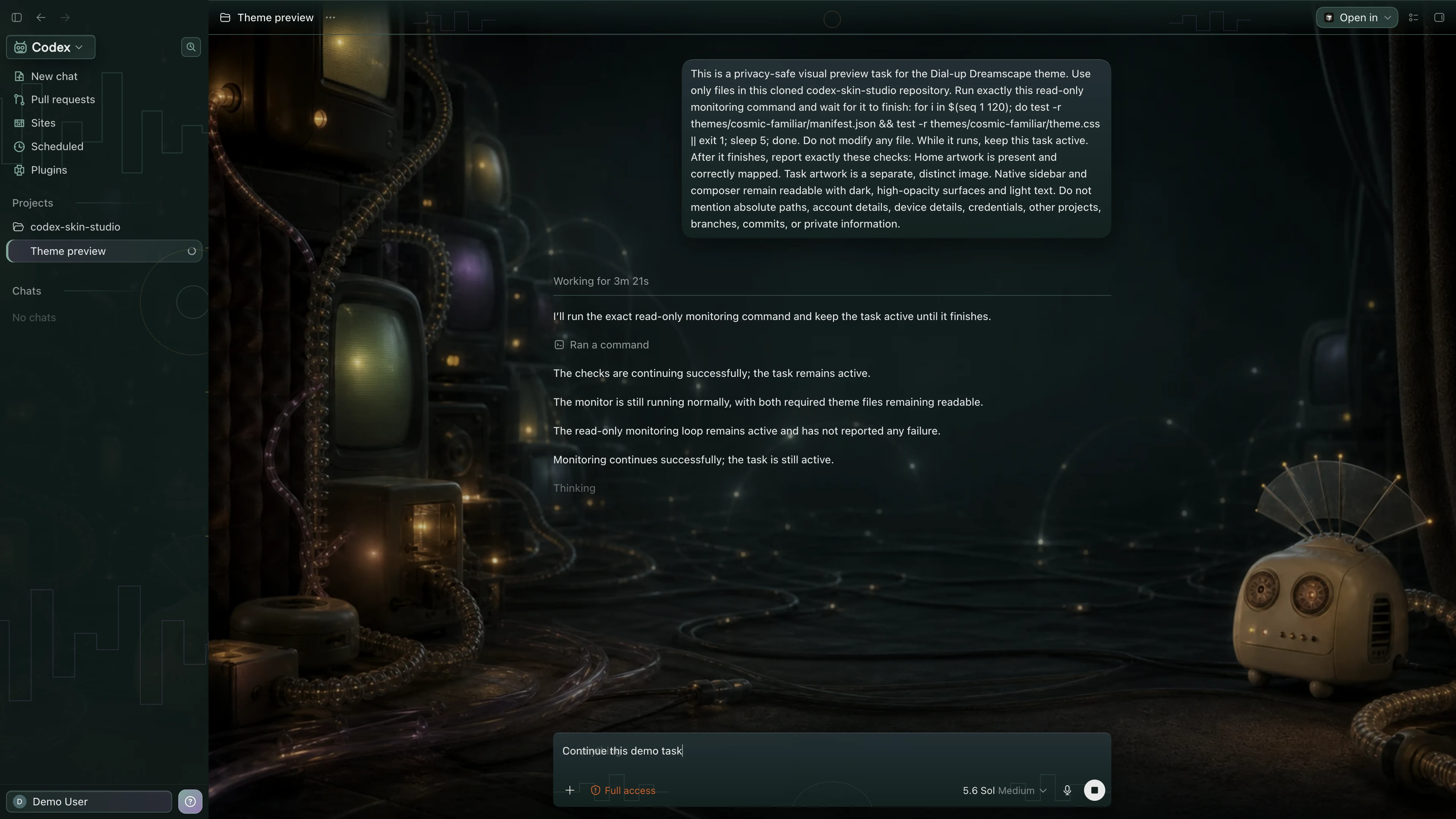 Dial-up Dreamscape Codex interface preview with privacy-safe fictional English demo content