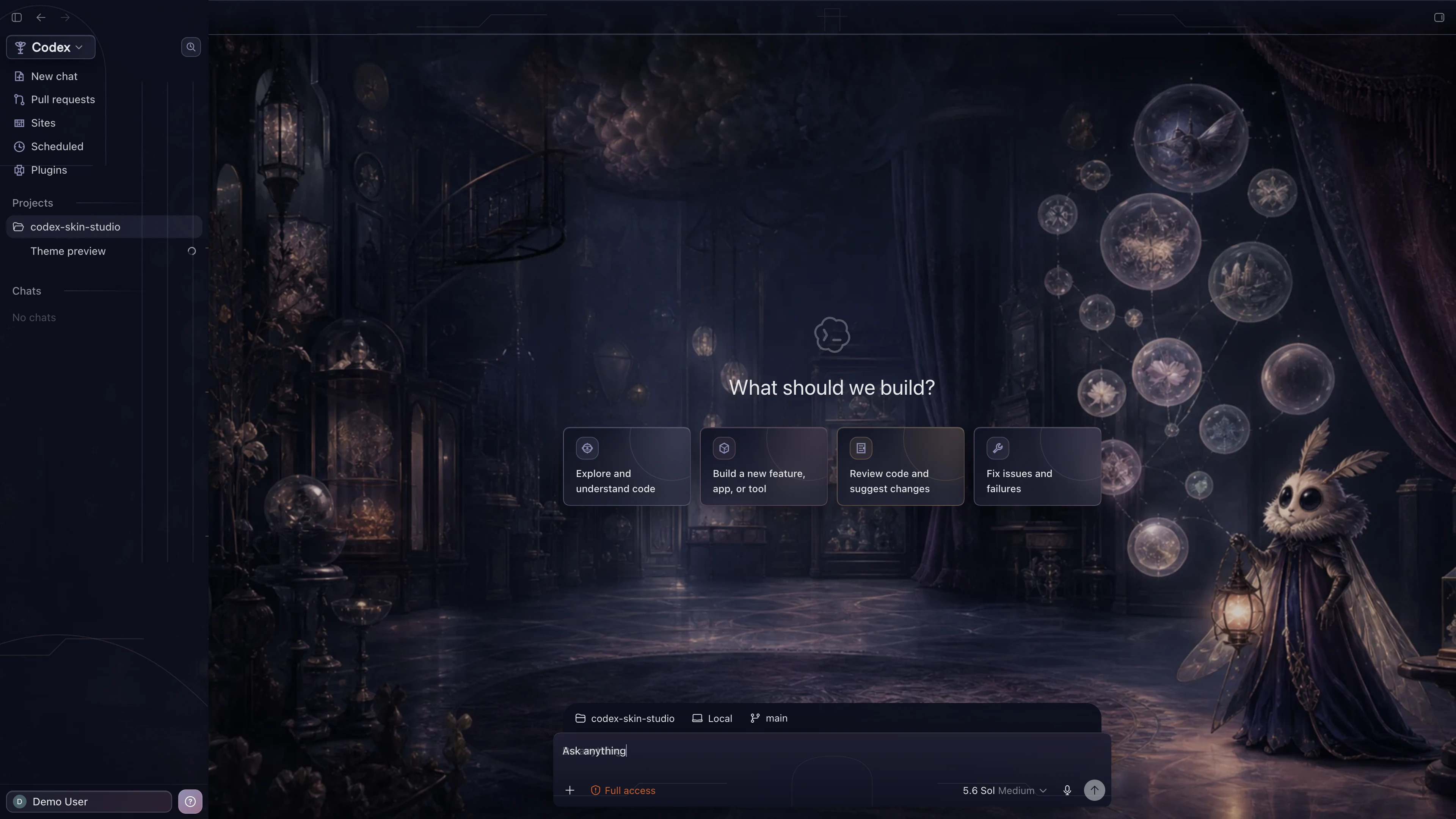 Dream Forensics theme shown in the Codex New Task interface