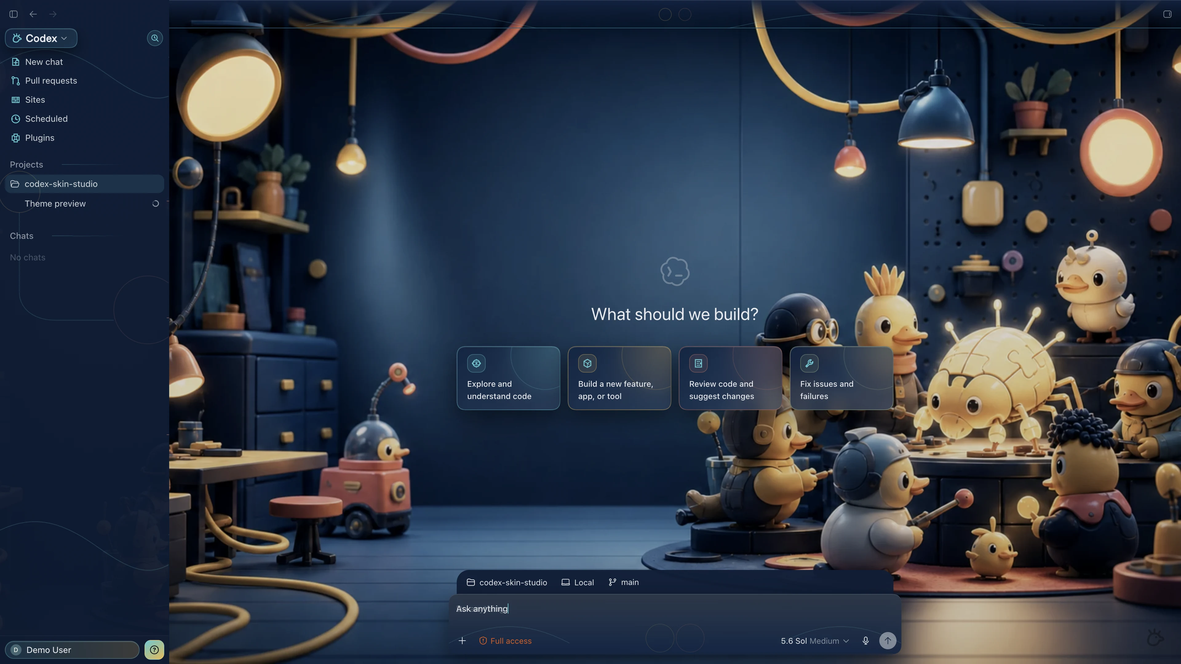 Duck Debug Club Codex interface preview with privacy-safe fictional English demo content