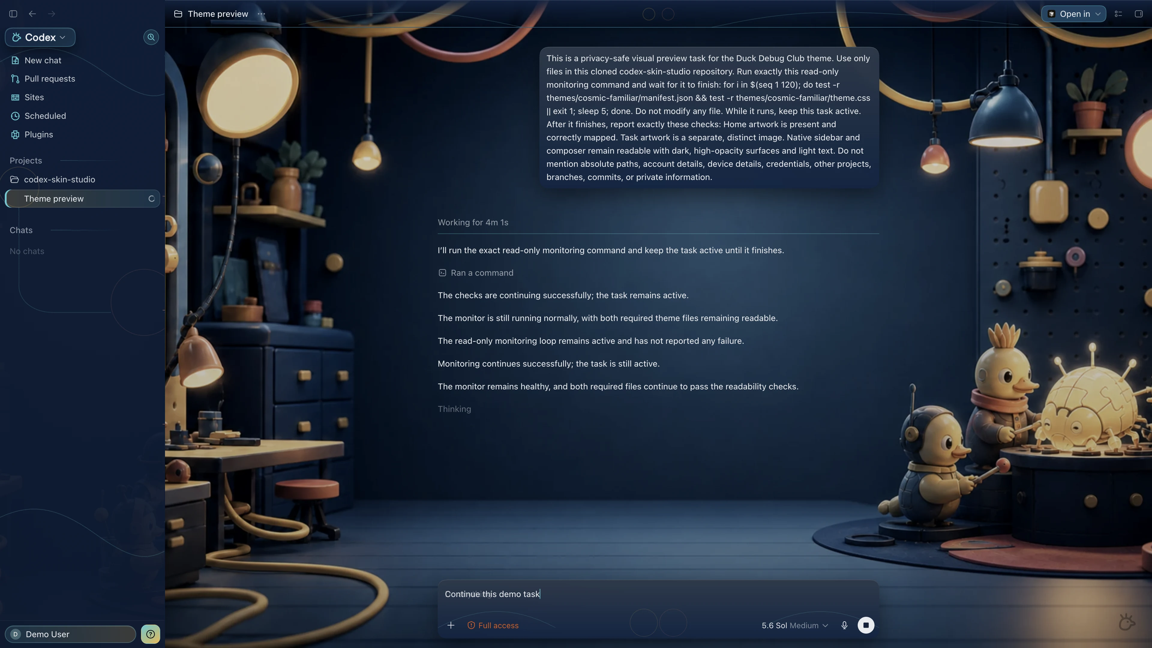 Duck Debug Club Codex interface preview with privacy-safe fictional English demo content