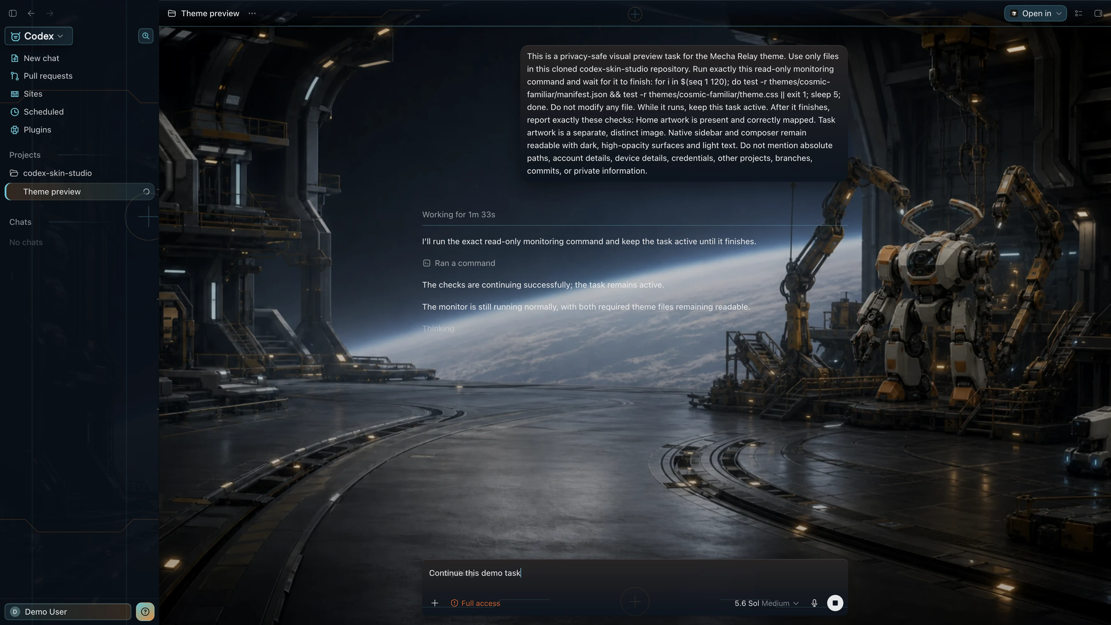 Mecha Relay Codex interface preview with privacy-safe fictional English demo content