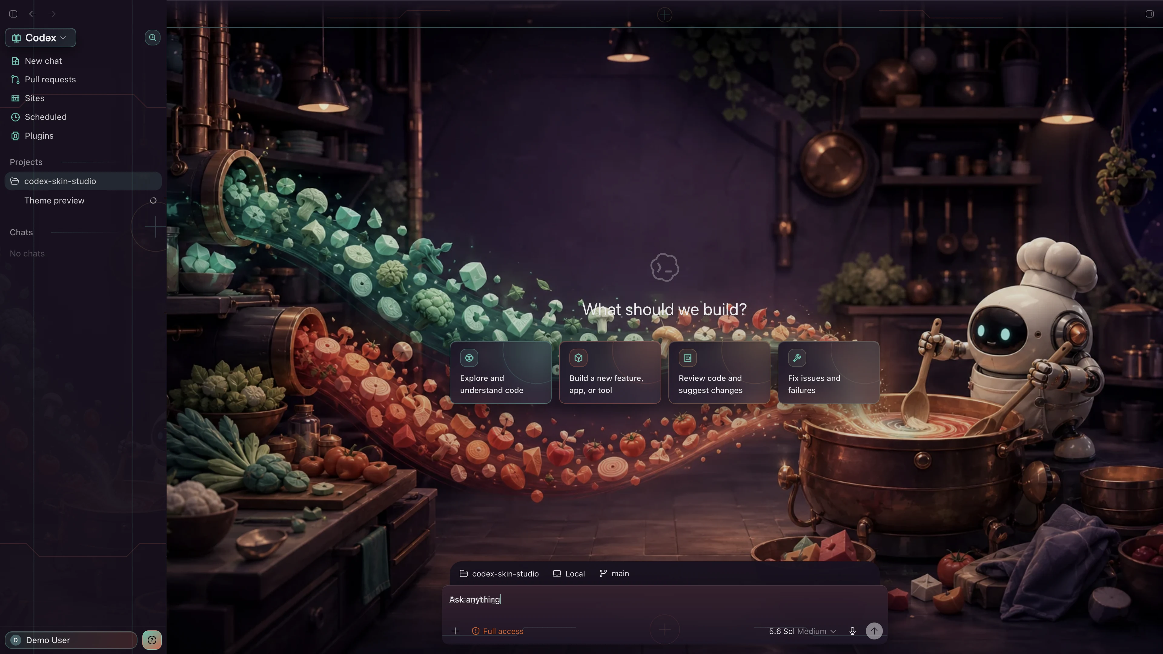 Merge Kitchen Codex interface preview with privacy-safe fictional English demo content