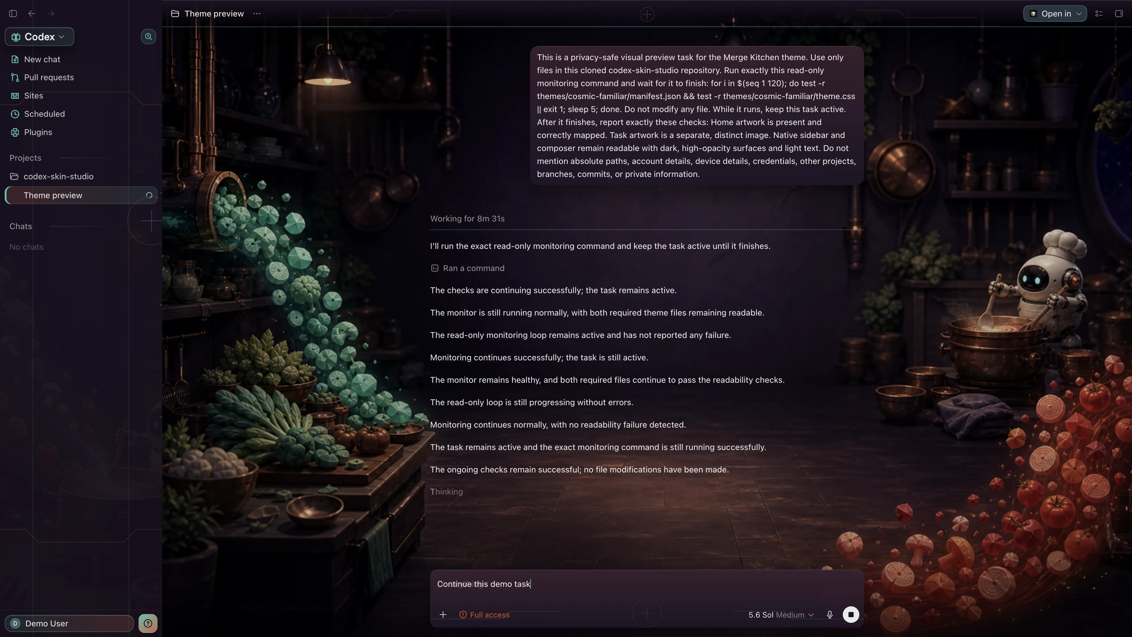 Merge Kitchen Codex interface preview with privacy-safe fictional English demo content