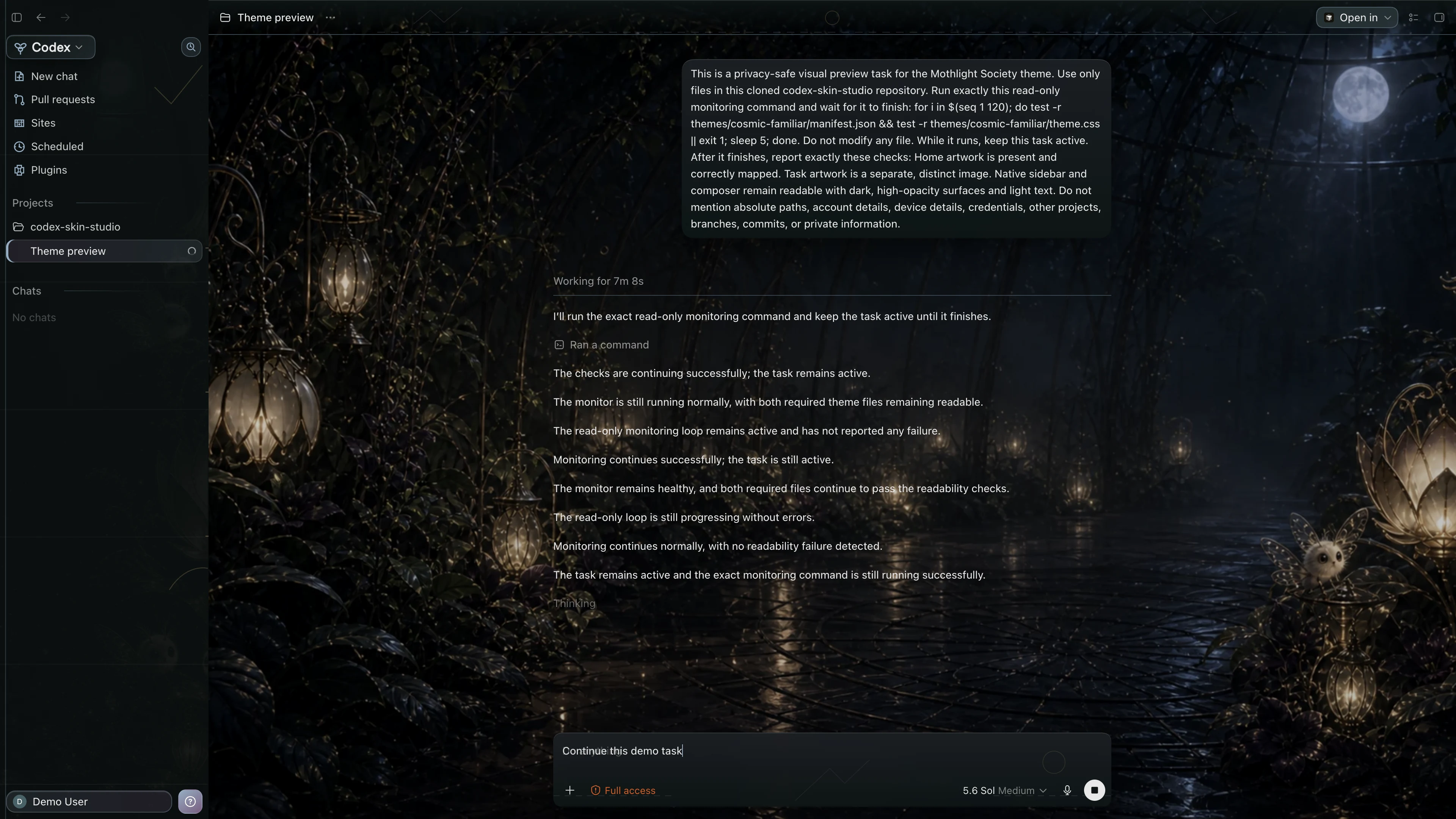 Mothlight Society Codex interface preview with privacy-safe fictional English demo content