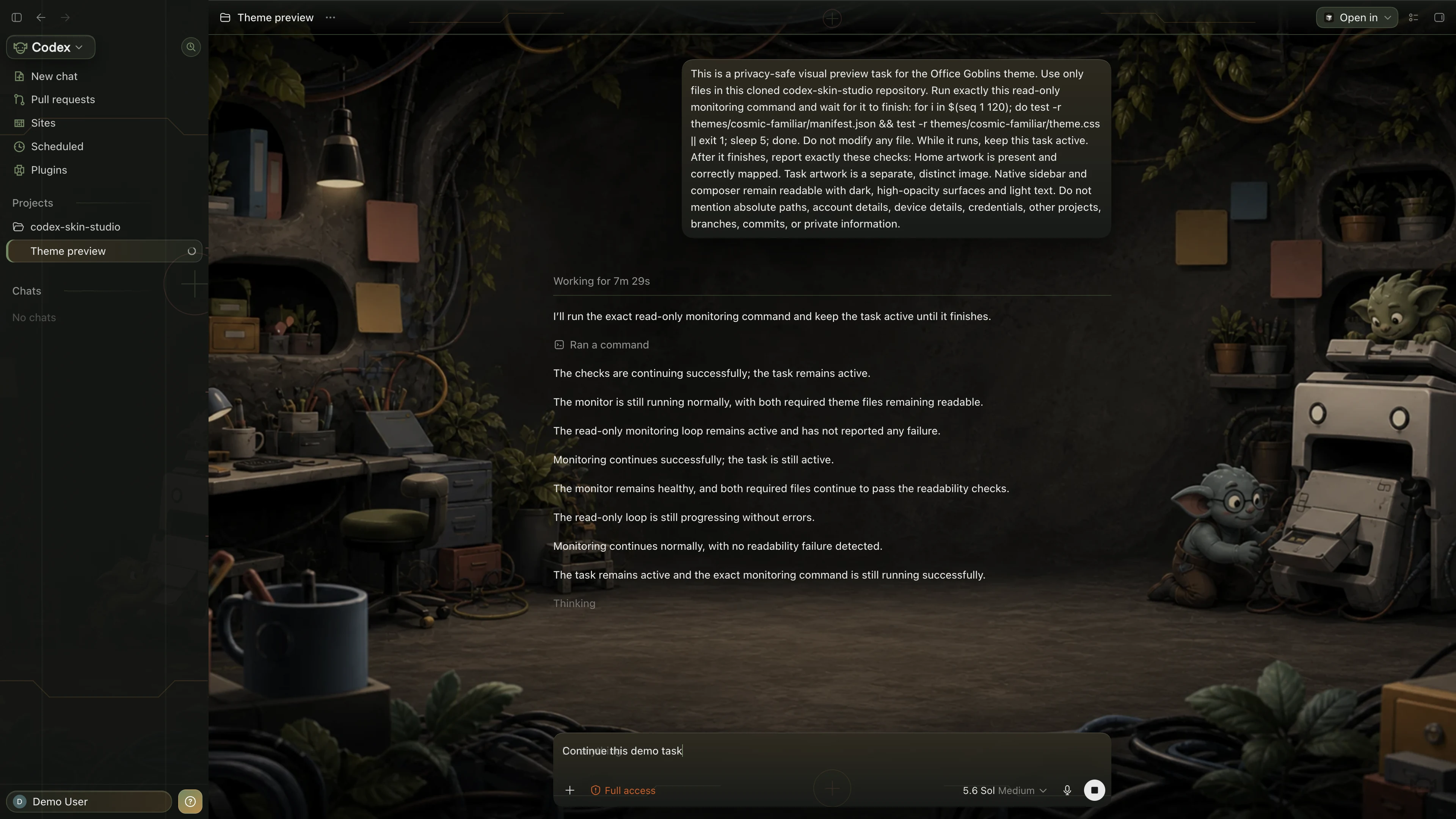 Office Goblins Codex interface preview with privacy-safe fictional English demo content