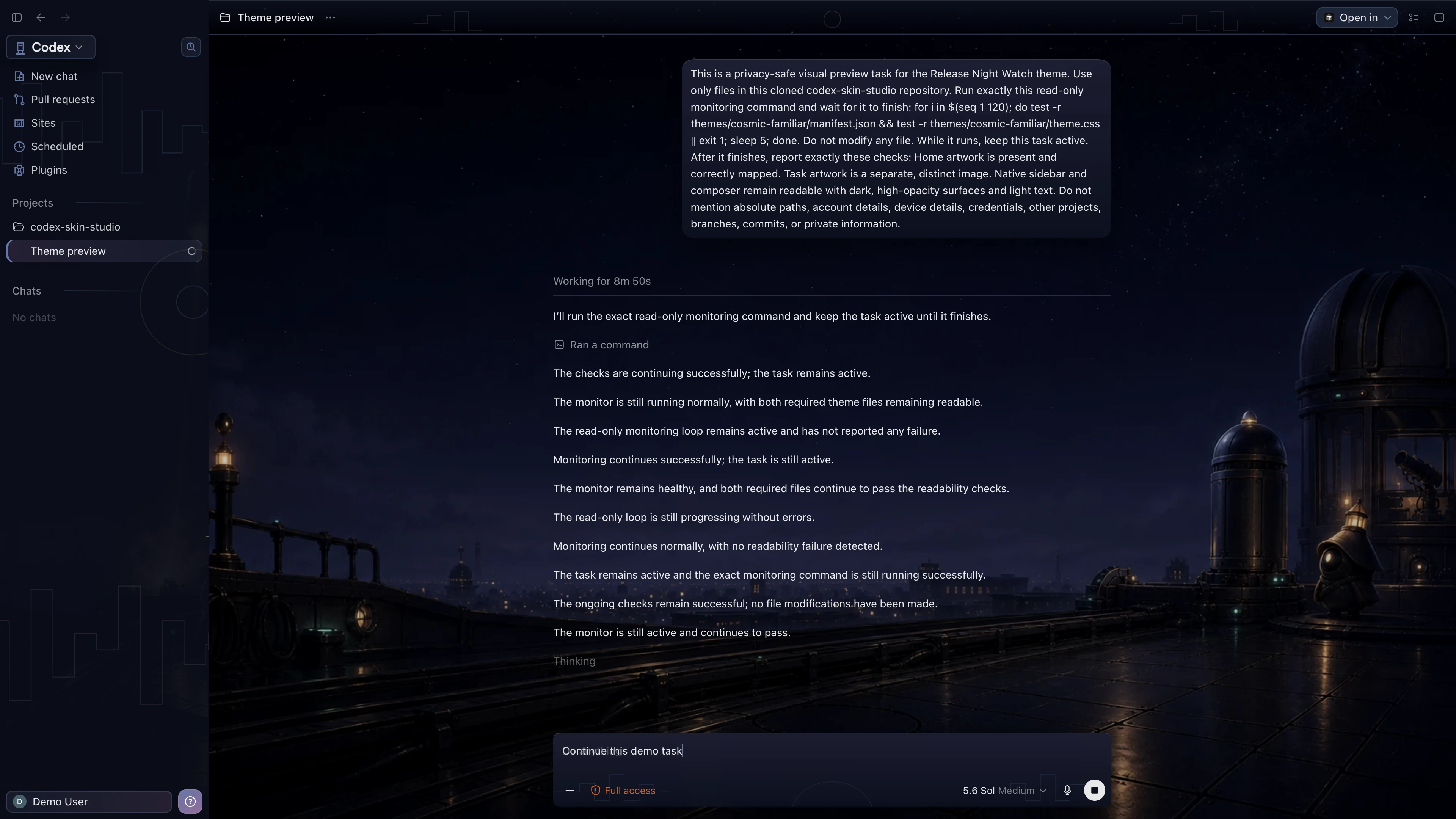 Release Night Watch Codex interface preview with privacy-safe fictional English demo content